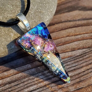 Dichroic Fused Art Glass Triangle Pink Blue Pendant Black Leather Necklace A